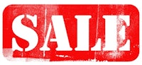 a red and white sale sign on a white background